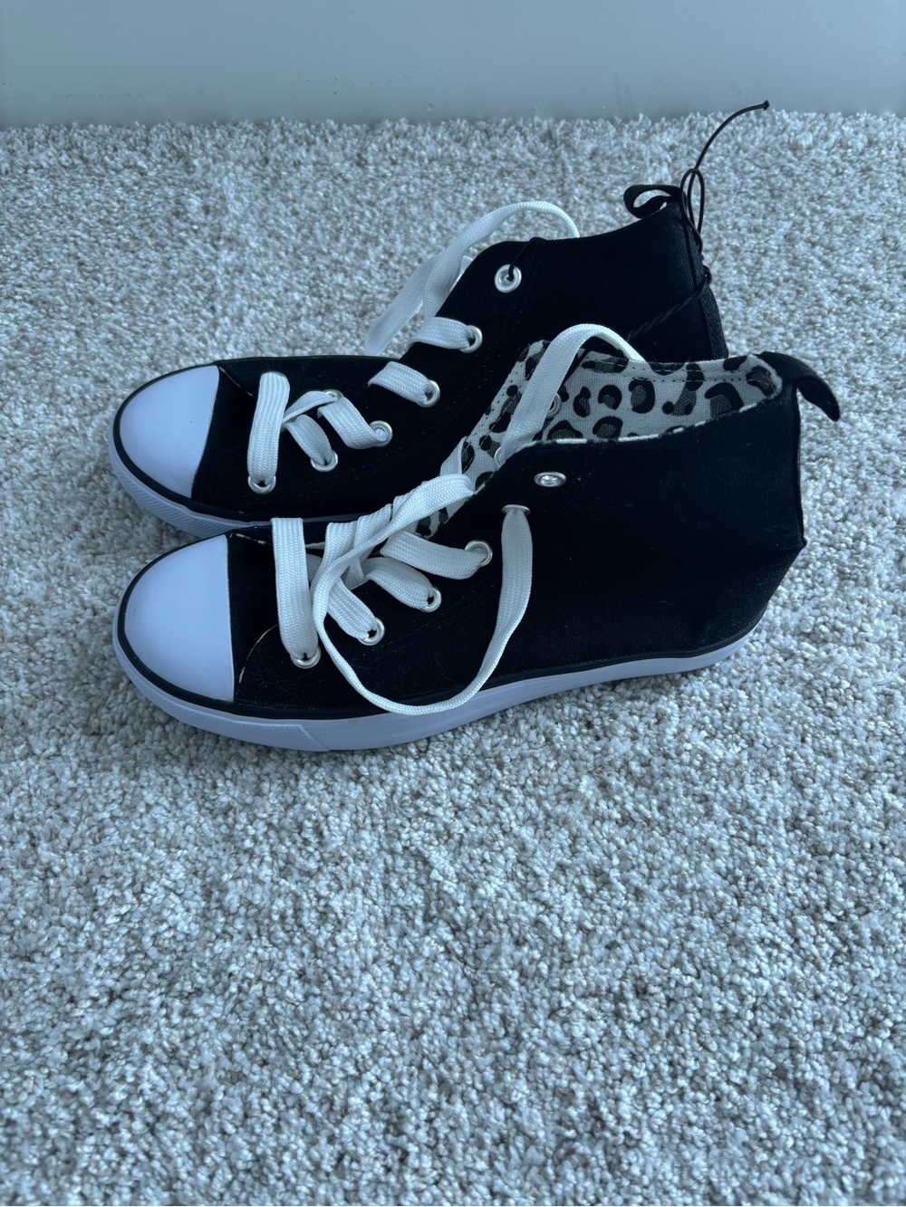 Black and White High-Top Sneakers with Leopard Lining